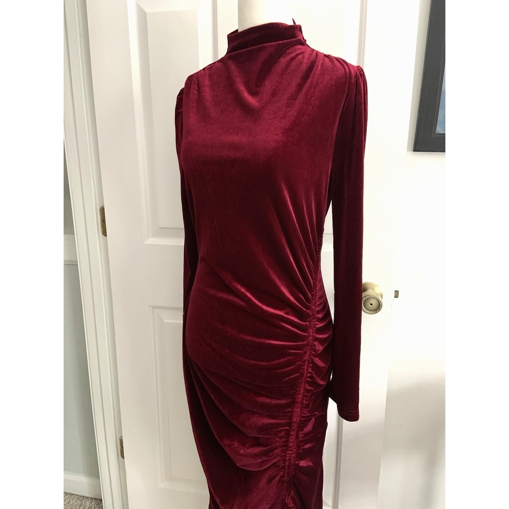 NWT Cider Burgundy Wine Red Ruched Velvet Mock neck Midi Party Dress women sz M